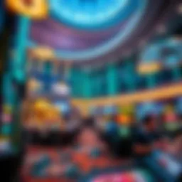 A modern casino with bright lights and people playing games