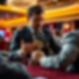 A casino director discussing compensation with a player over a mistake, with casino chips and credits visible in the background.