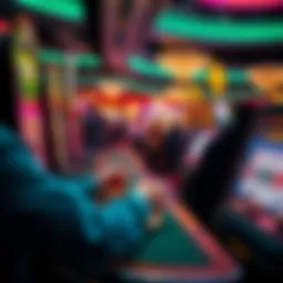 A person playing video poker in a casino with drinks on the table, looking surprised at their spending.