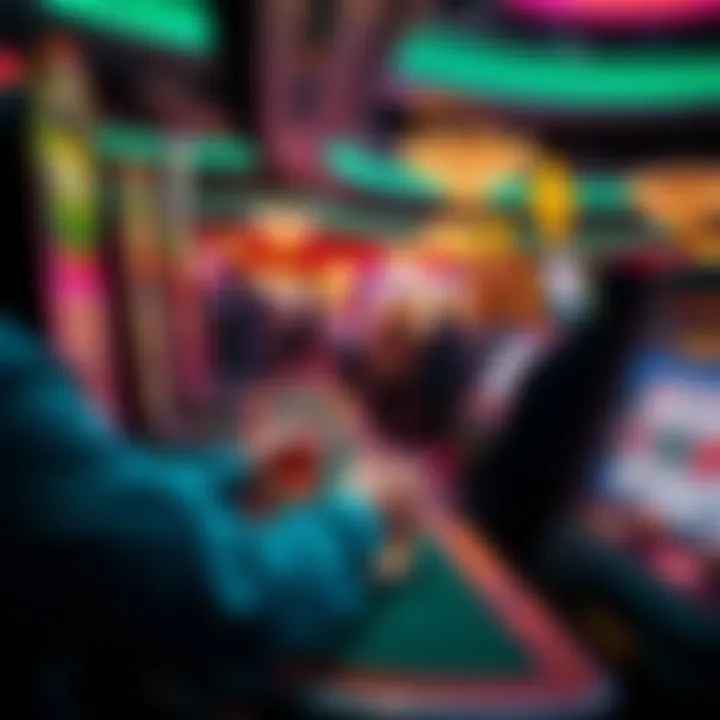 A person playing video poker in a casino with drinks on the table, looking surprised at their spending.