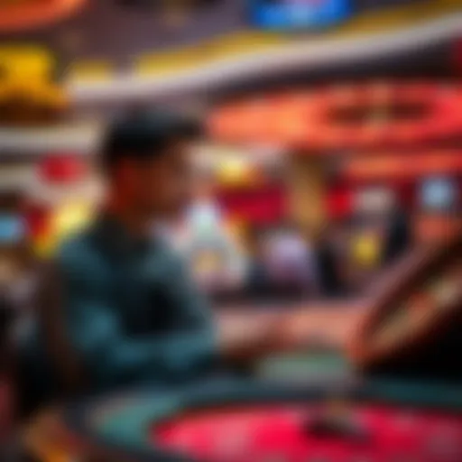 A casino worker talks about their emotional experiences at work, surrounded by gaming tables and colorful lights.