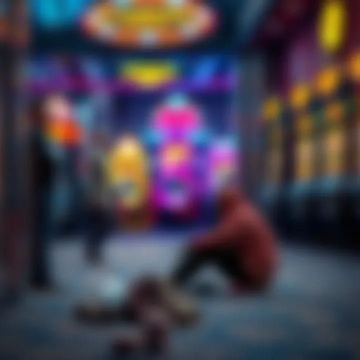 A casino patron stands near a homeless person sitting on the ground, looking contemplative about the choice not to give money, with gaming machines in the background.