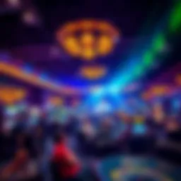 A vibrant casino interior showing colorful lights, busy gaming tables, and happy players engaged in gaming activities.