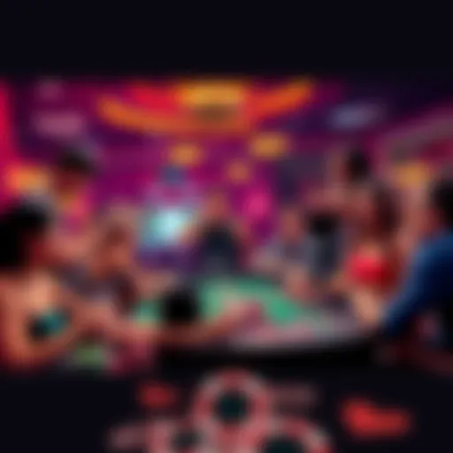 A lively casino scene with people enjoying games, colorful chips, and excitement in the air.