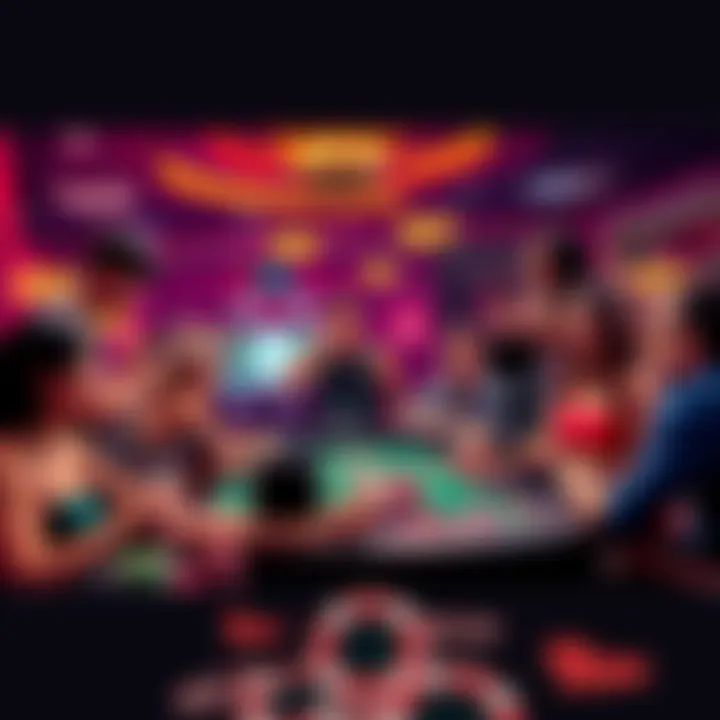 A lively casino scene with people enjoying games, colorful chips, and excitement in the air.