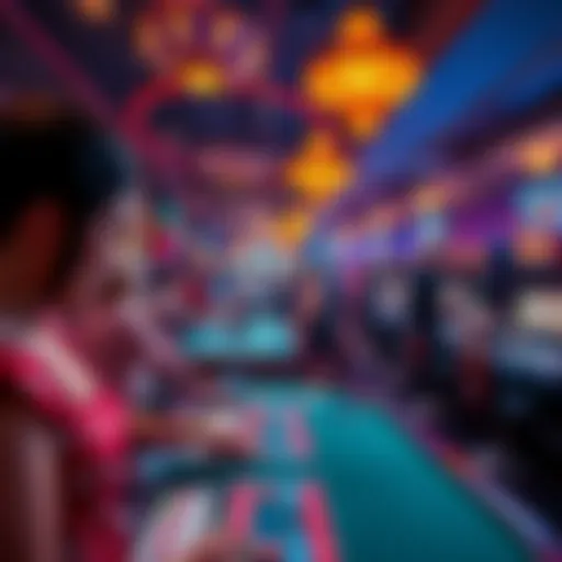 A vibrant casino scene with people enjoying table games and slot machines