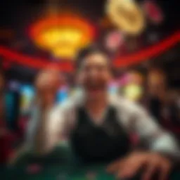 A player in a casino celebrating a big win with chips and a joyful expression.