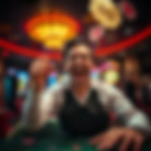 A player in a casino celebrating a big win with chips and a joyful expression.