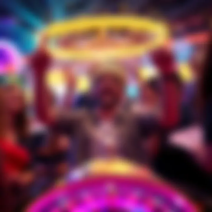 A person celebrating a big win at a casino, surrounded by friends and colorful lights.