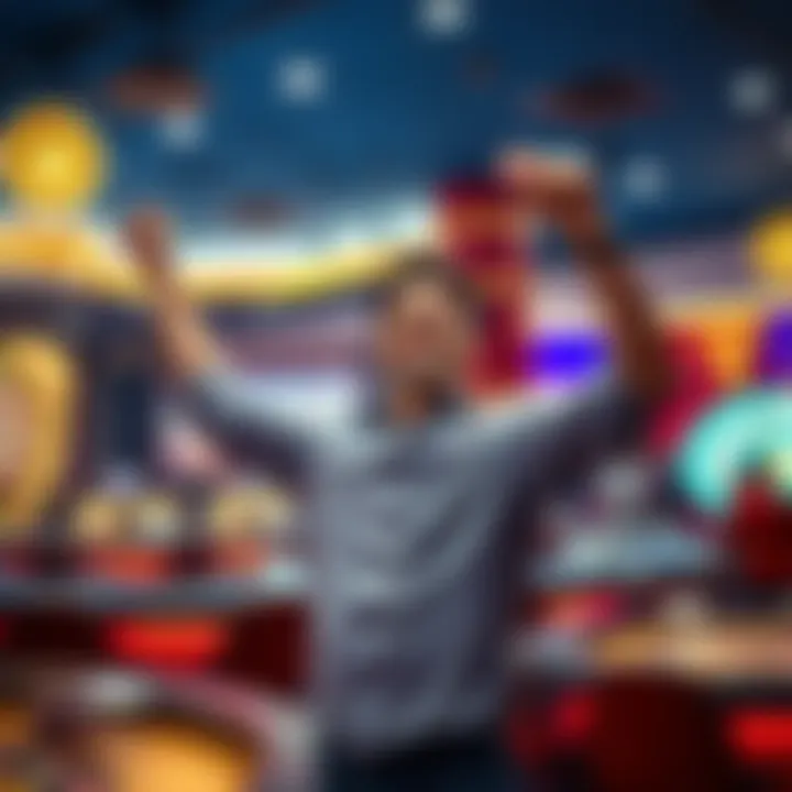 A person joyfully celebrating a win at a casino with arms raised and chips in hand.