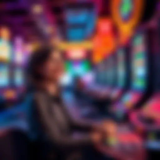 A person enjoying a game at a casino with a smile, surrounded by colorful lights and machines, symbolizing the thrill of gaming without the stress of losing money.