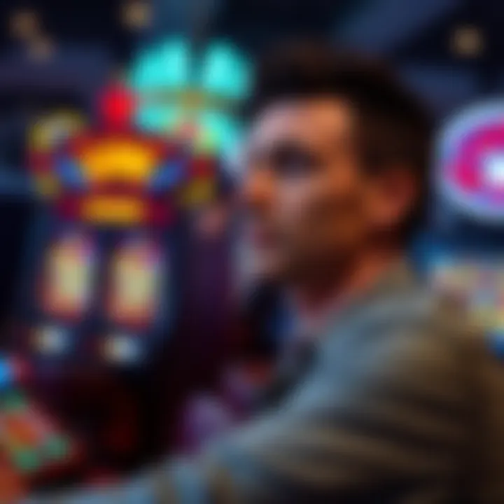 A player looking relieved after a payout at a casino, with slot machines in the background.