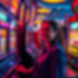 A beginner enjoying their first casino visit, smiling while playing a slot machine in a vibrant setting.