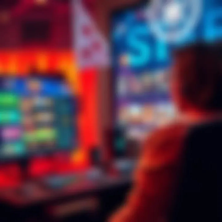 A person sitting at a computer showing online casino games with a focus on winnings and bonuses