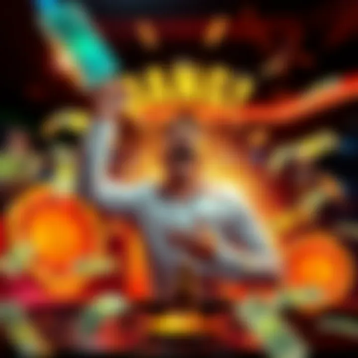 A player celebrating a big win at an online casino, surrounded by symbols of money and success