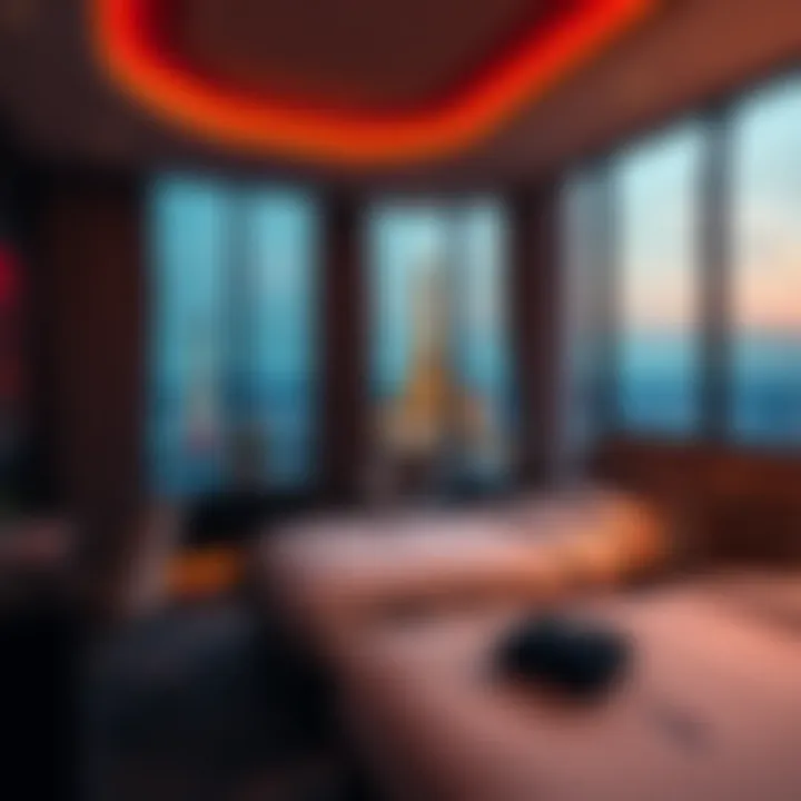 A cozy hotel room in a casino with a view, showcasing a promotional offer for free nights, with a hint of Vegas decor and New Orleans style