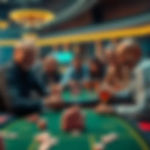 A group of people gathered around a table, playing cards and smiling, with chips and drinks in front of them, symbolizing gambling excitement