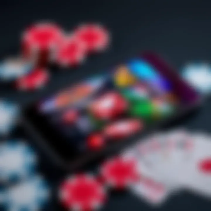 A smartphone displaying various casino game apps for practice before a Vegas trip, surrounded by poker chips and playing cards
