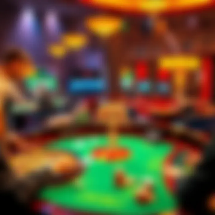 A vibrant casino scene featuring poker, baccarat, and roulette tables with players engaged in games.