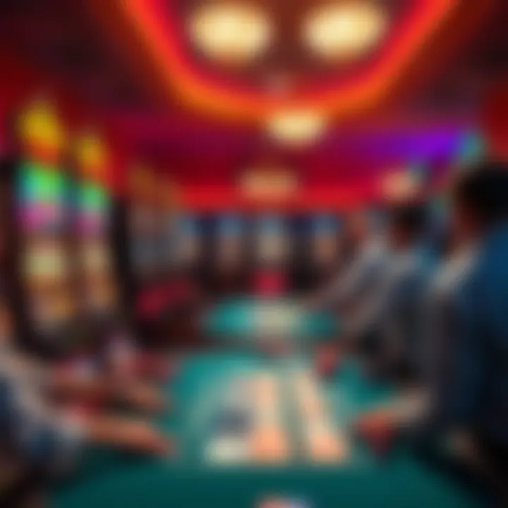 A casino floor with players at slot machines and card tables, showcasing strategic betting to reach target RTP.