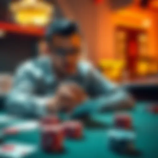 A person studying a casino game strategy, with cards and chips on the table