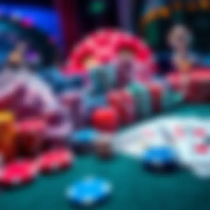 A variety of colorful casino game items including cards, dice, and chips on a table.