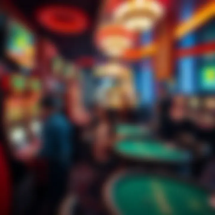 A lively scene of people playing various casino games in Atlantic City with colorful slot machines and poker tables