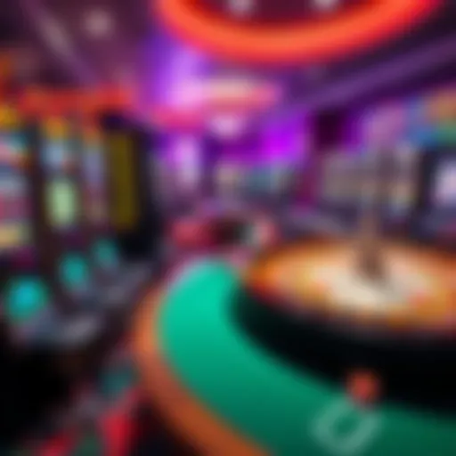 A colorful display of slot machines and a roulette table, showcasing popular casino games at Bet365