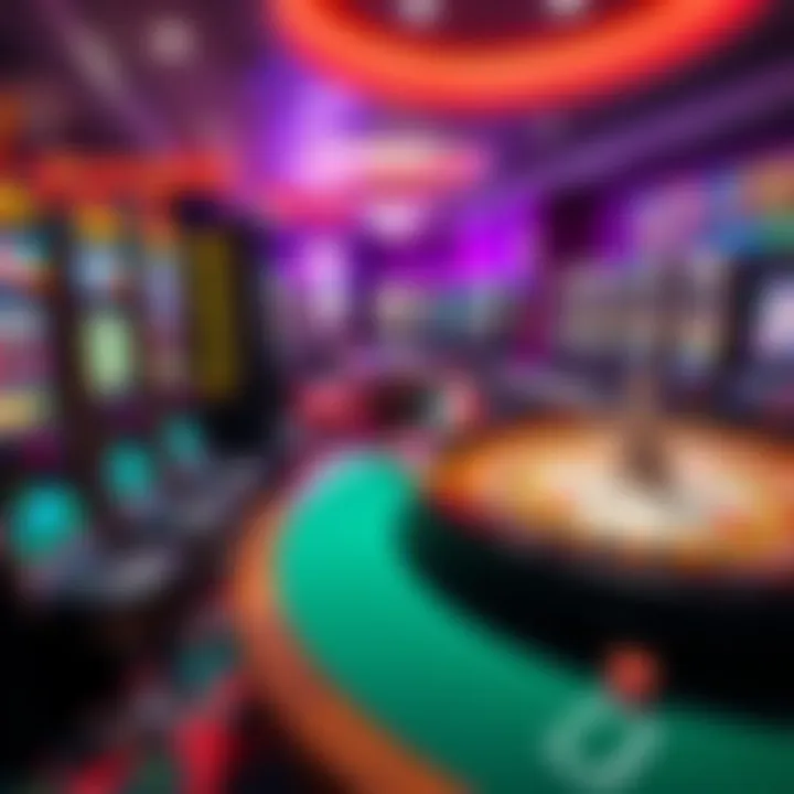 A colorful display of slot machines and a roulette table, showcasing popular casino games at Bet365