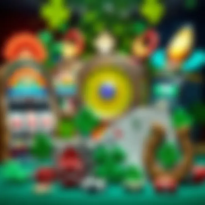 Various casino games including slot machines, dice, and cards, showing symbols of luck like four-leaf clovers and horseshoes.