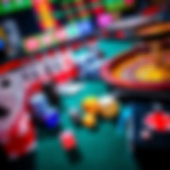 Casino games selection A colorful display of casino games like Blackjack, Slots, Roulette, and Craps with dice and playing cards on a felt table.