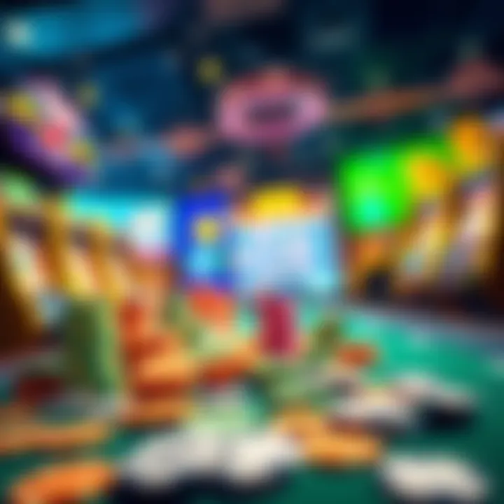 Colorful casino games featuring slots and table games with chips on the table.