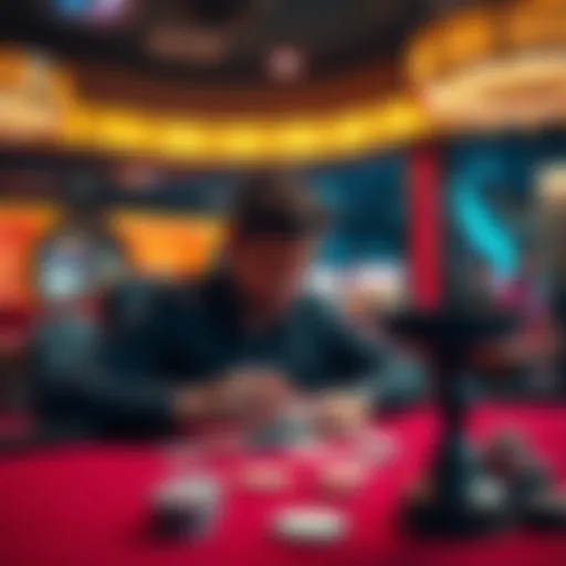 A person at a casino table, studying cards and making bets to improve their game.