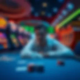 A focused player at a casino gaming table, contemplating a 10 cent bet, surrounded by colorful slot machines and cards.
