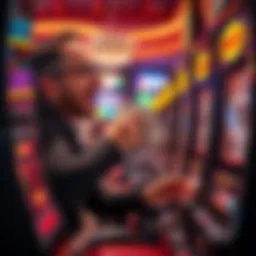 A thrilled player receiving cash from a slot machine after a big win at the casino.