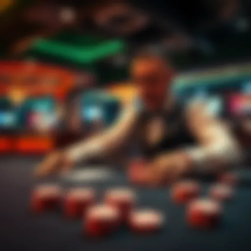 A high-stakes player at a casino table with chips and cards, showing the excitement and tension of high rolling.