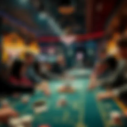 A lively casino filled with people playing high-stakes games, showing excitement and tension in the air.