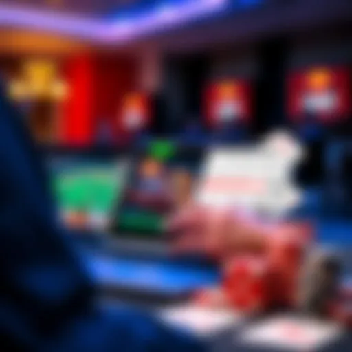 A player looking for trustworthy online casinos, showing a laptop and gaming elements like chips and cards