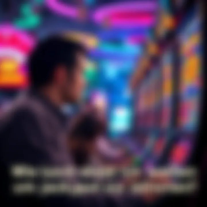A person contemplating their bet at a casino slot machine, with colorful lights and jackpot symbols in the background