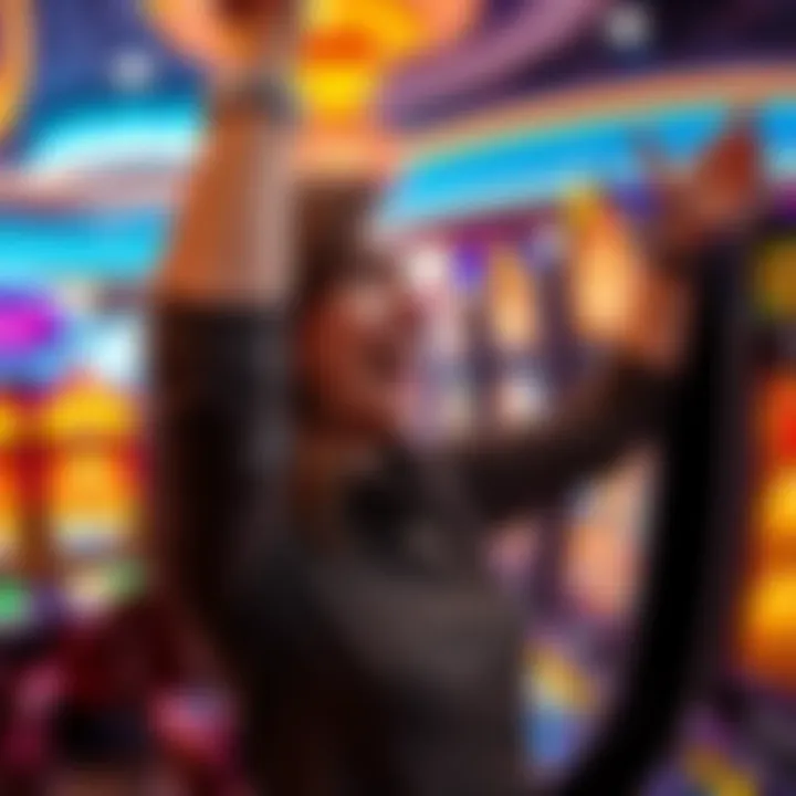 A woman celebrating her jackpot win at Rivers Casino in Des Plaines with Dancing Drums Reels machine in the background.