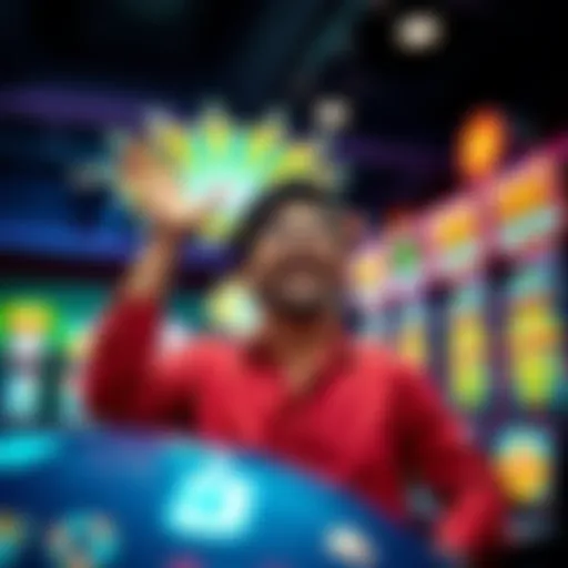 A joyful person celebrating a big win at a casino with bright lights and slot machines in the background