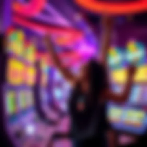 A player celebrating after winning multiple jackpots at a gaming machine in a casino, surrounded by lights and excitement.