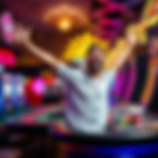 A joyful player celebrating a big win at a casino with colorful slot machines and blackjack tables in the background.