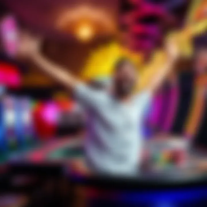 Casino Jackpot Win A joyful player celebrating a big win at a casino with colorful slot machines and blackjack tables in the background.