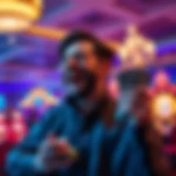 A player celebrating a big win at a casino with chips and cash in hand.
