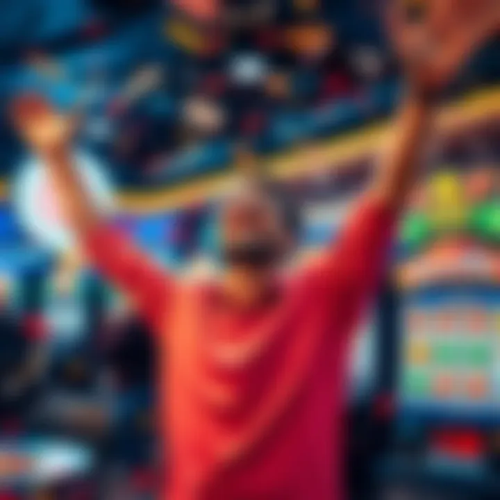 A person joyfully celebrating a big win at a casino with confetti falling around them and a slot machine showing jackpot results.