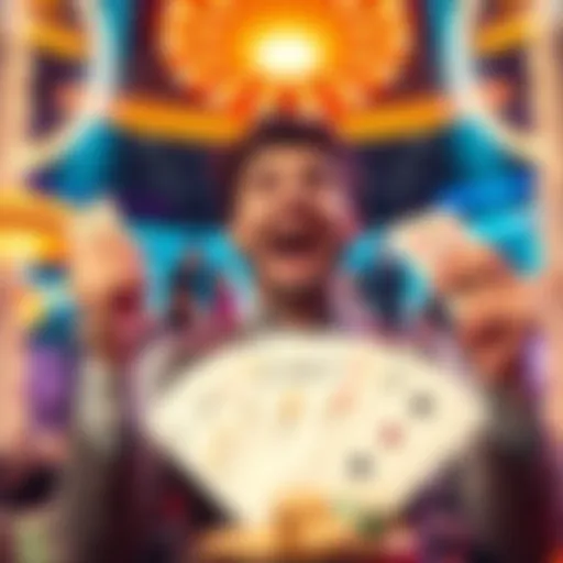 A happy person celebrating a big win at a casino, holding cash and looking excited.