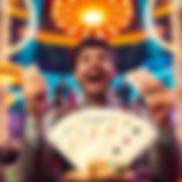 A happy person celebrating a big win at a casino, holding cash and looking excited.