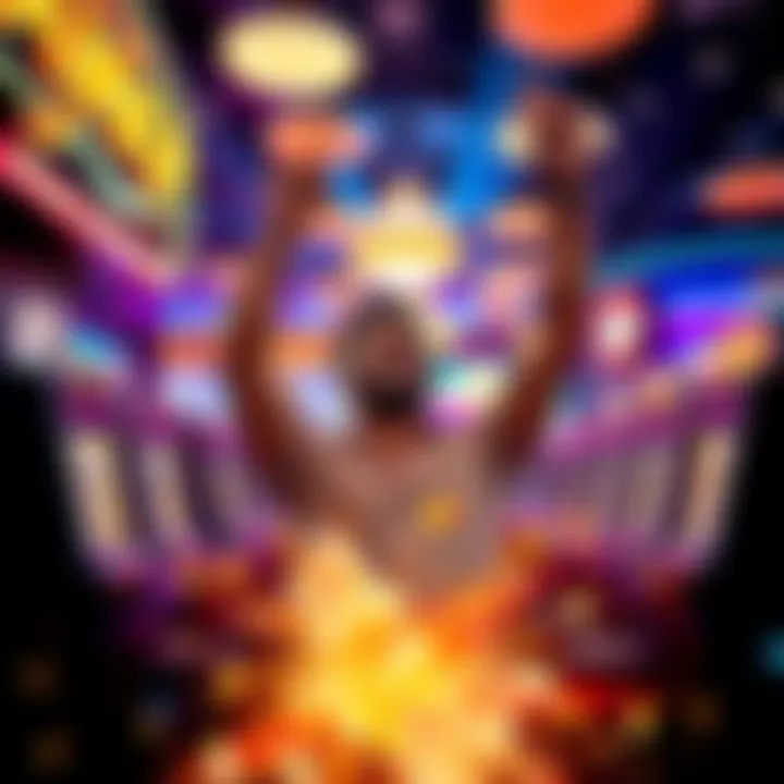 A person celebrating after winning a jackpot at a casino with bright lights and slot machines around.