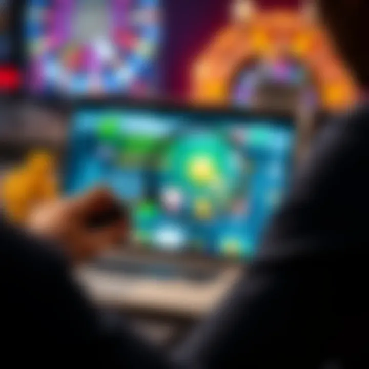 A person examining a casino website on a laptop with a magnifying glass.